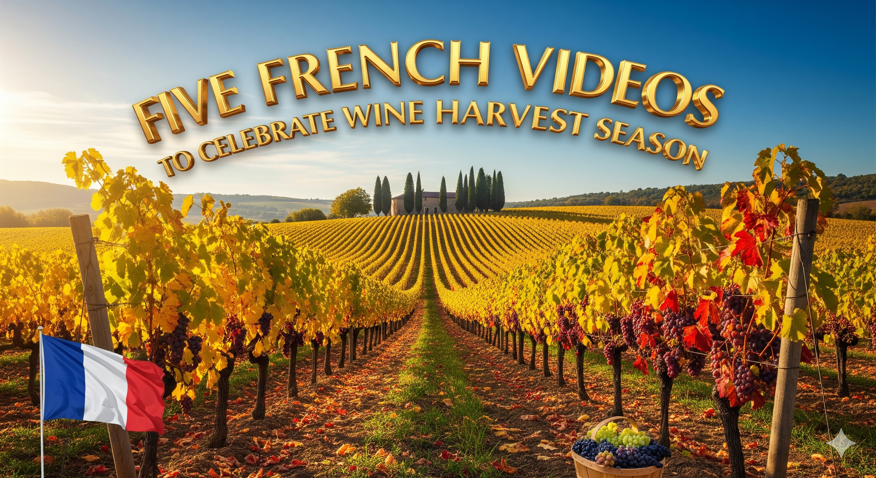 French vineyard during harvest season with golden leaves and grape clusters