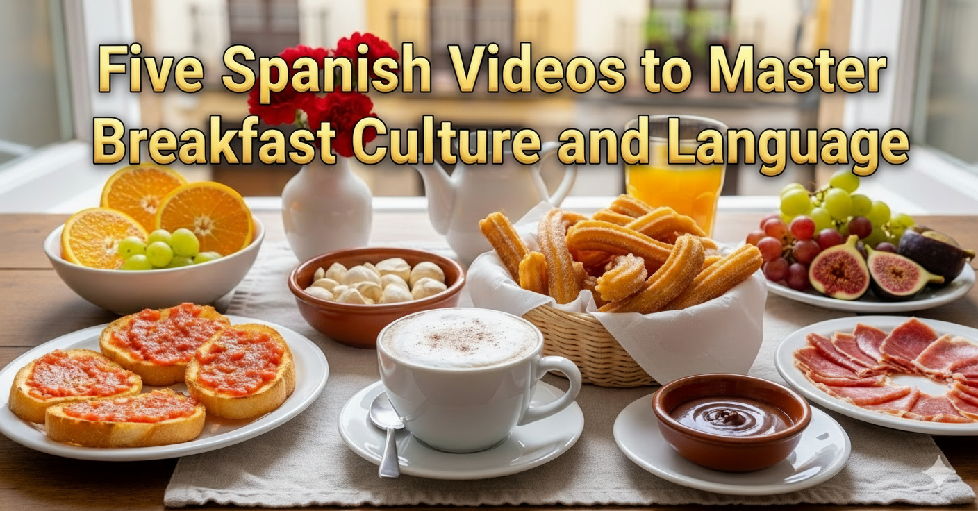 Spanish breakfast table with coffee, churros, and traditional morning foods